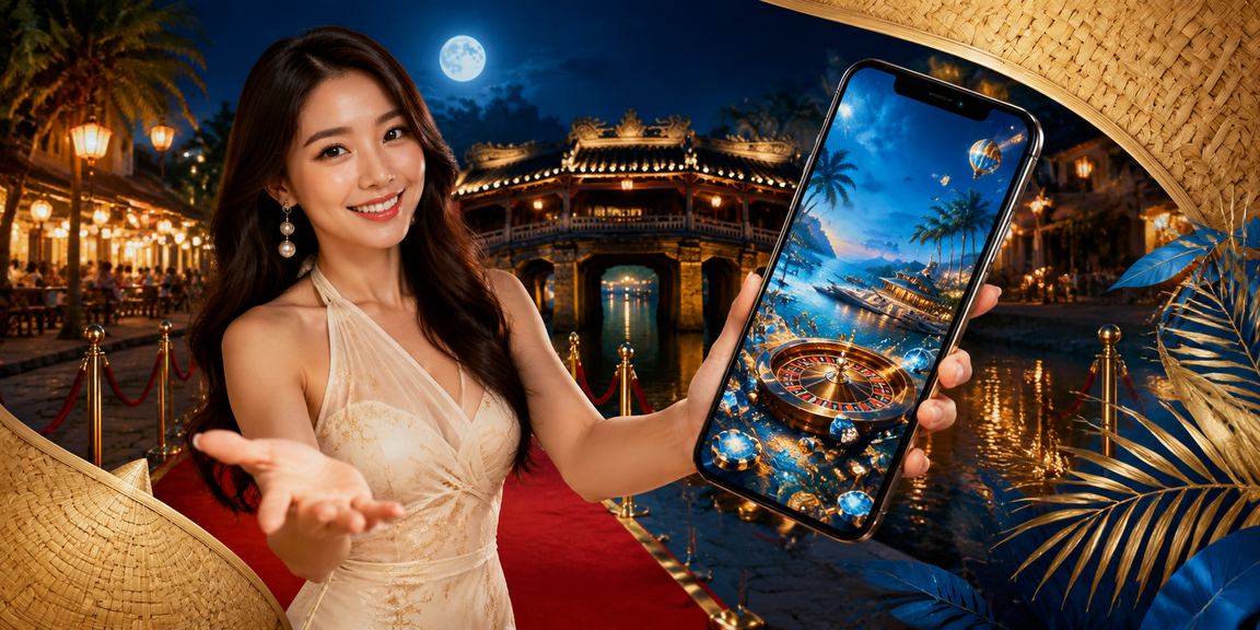 Người dùng chơi casino trên điện thoại tại Hội An với nón lá truyền thống